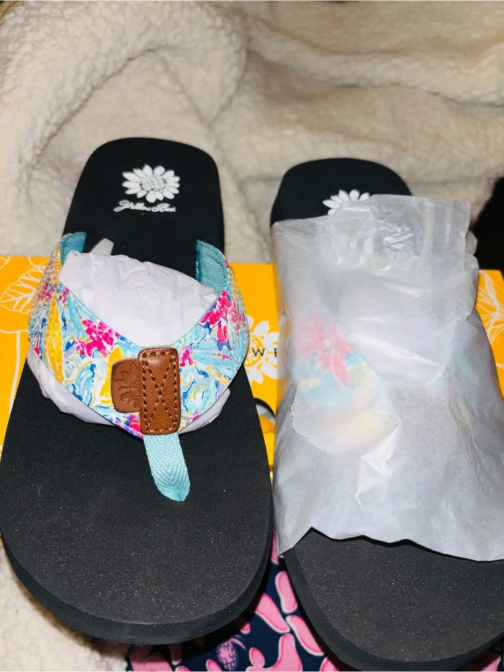 Yellow Box Black Sole Flip Flops with Turquoise Floral Straps